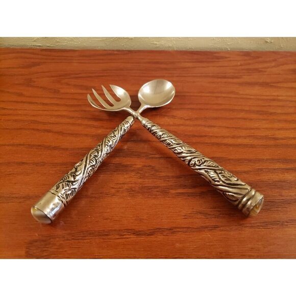Salad Spoon and Fork Set Silver Tone Ornate Vintage with Marble Stone Ends - Picture 1 of 6